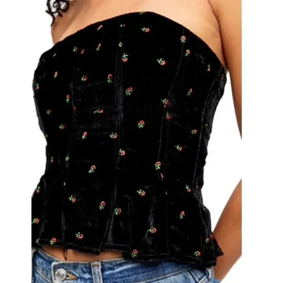 𝅺Free People Rosie Embroidered Bustier Top In Black - Picture 2 of 3